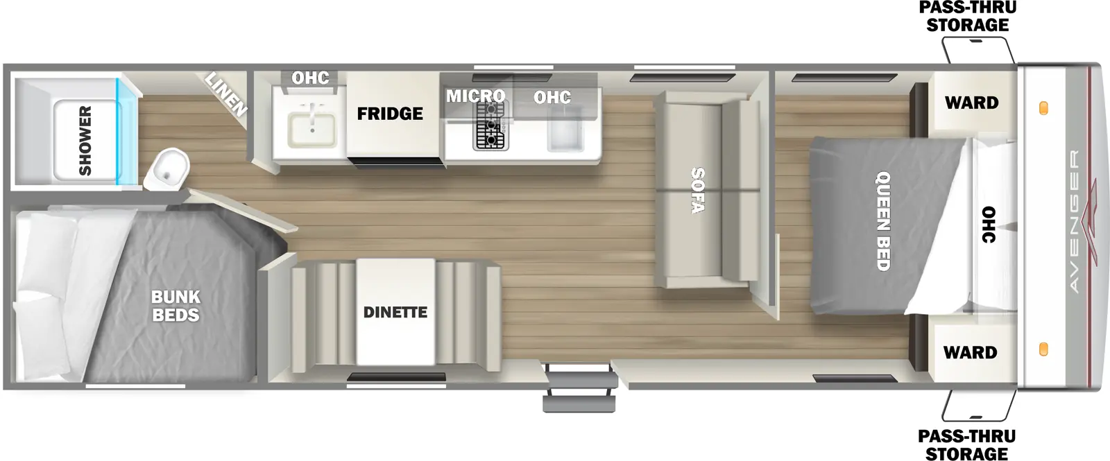 The 25BH has zero slideouts and one entry. Exterior features a front pass-thru storage. Interior layout front to back: foot-facing queen bed with overhead cabinet and wardrobes on each side; sofa along inner wall; off-door side kitchen counter with sink, overhead cabinet, microwave, cooktop, and refrigerator; door side entry, and dinette; rear off-door side sink with medicine cabinet outside bathroom with shower, toilet and linen closet only; rear door side bunk beds.